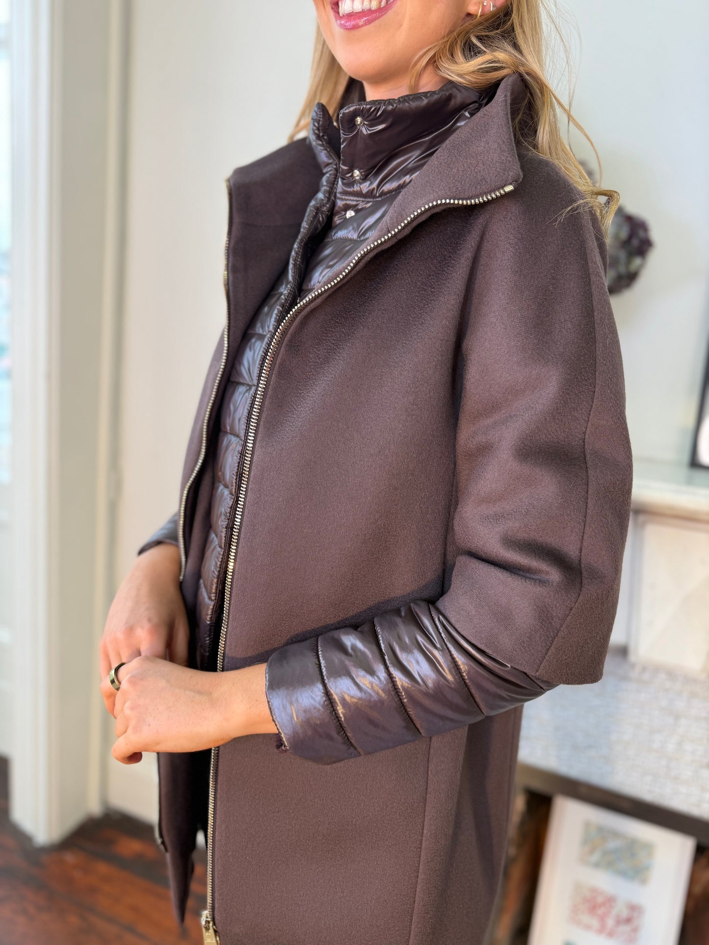 Herno Marrone Wool Coat with Layered Detachable Quilted Insert
