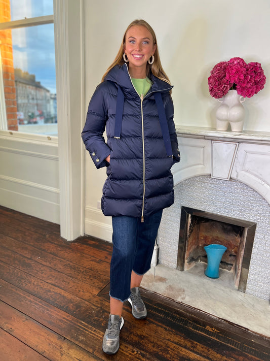 Navy A Shaped Long Puff Down Jacket with Hood