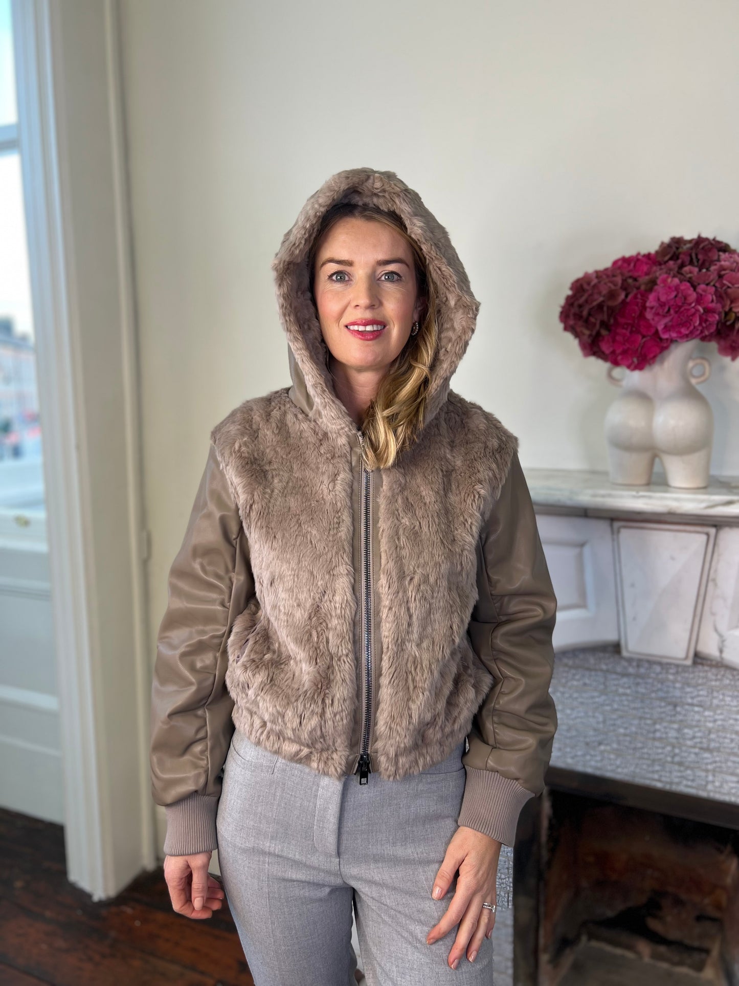 Kaos Taupe Faux Fur and Faux Leather Jacket with Hood