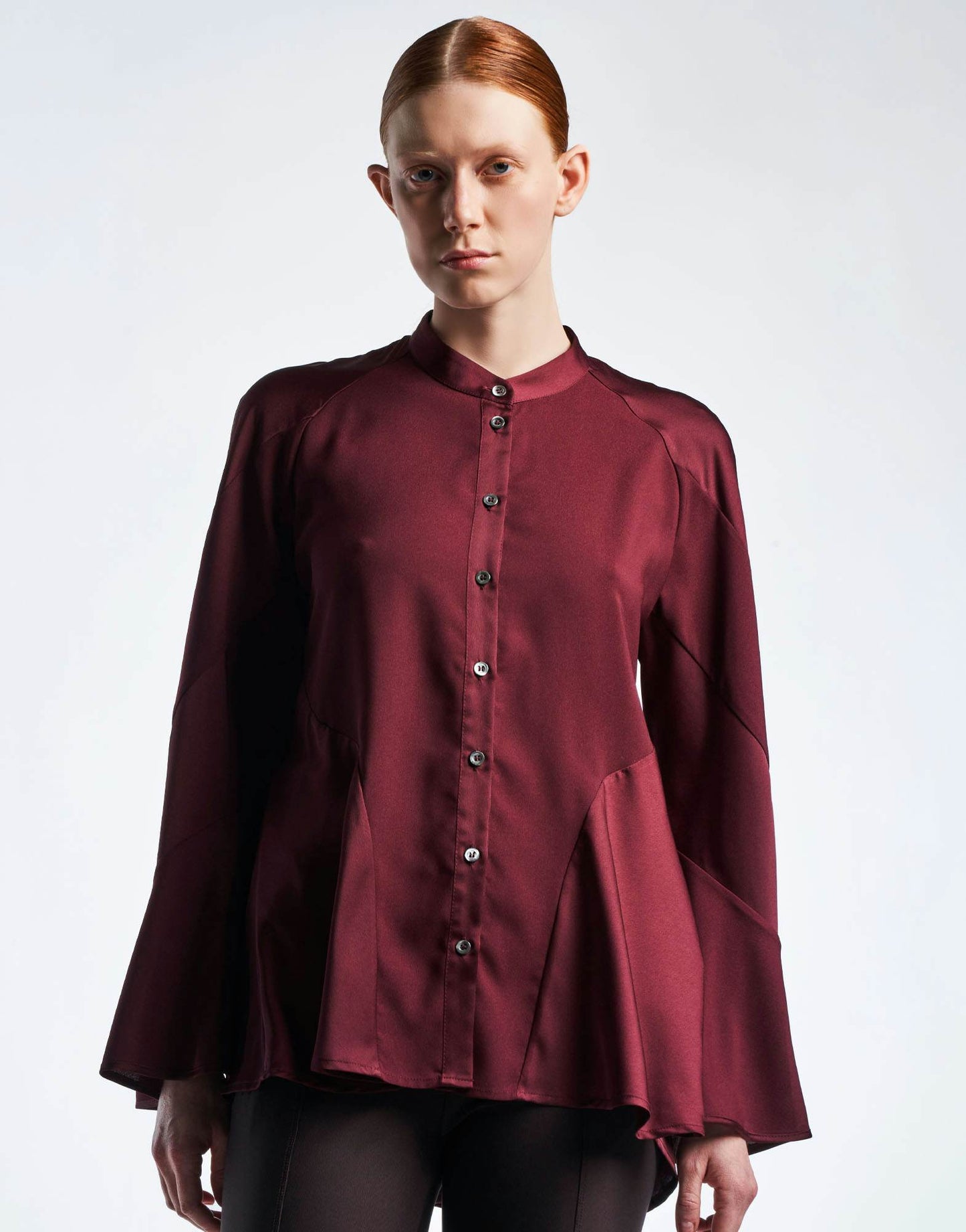 PATIENTLY  Burgundy Flared Blouse in Tech Satin