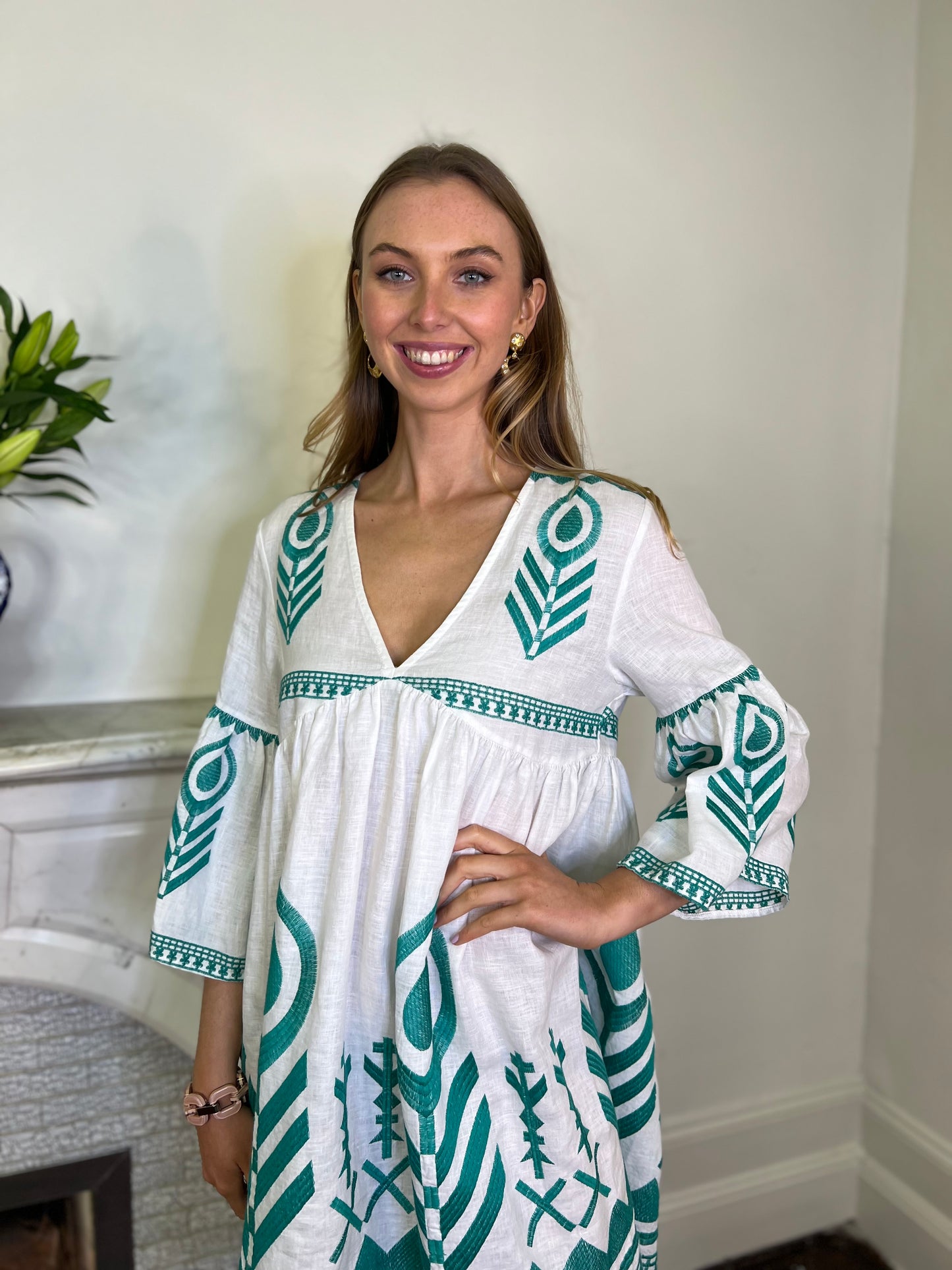 White and Emerald Linen Embroidered Relaxed Dress