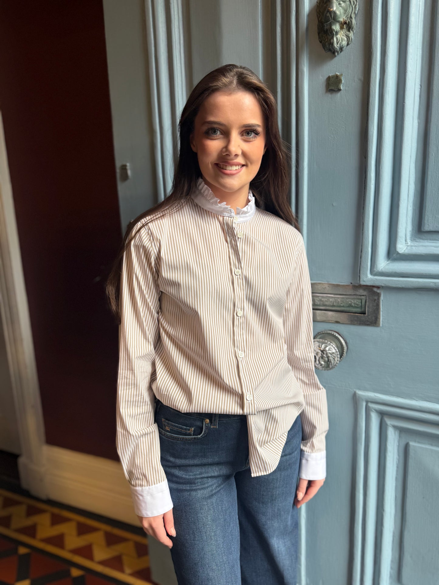 Caliban Taupe and White Stripped Shirt With White Frill Collar