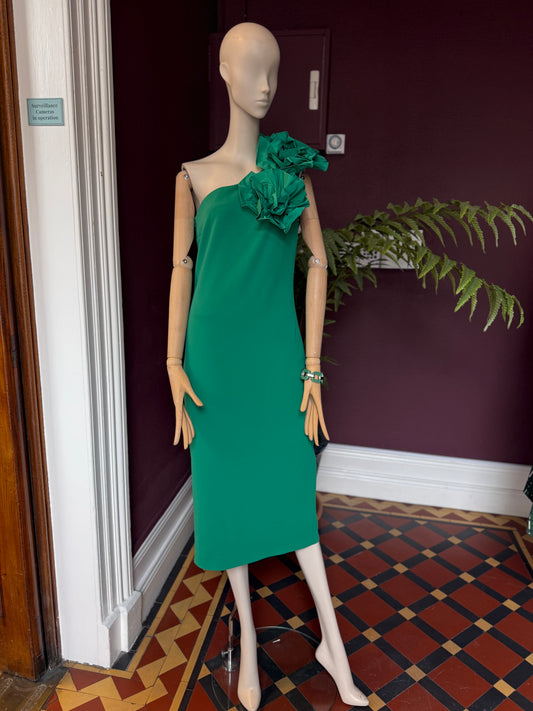 Moskada  Green One Shoulder Dress with Rosettes