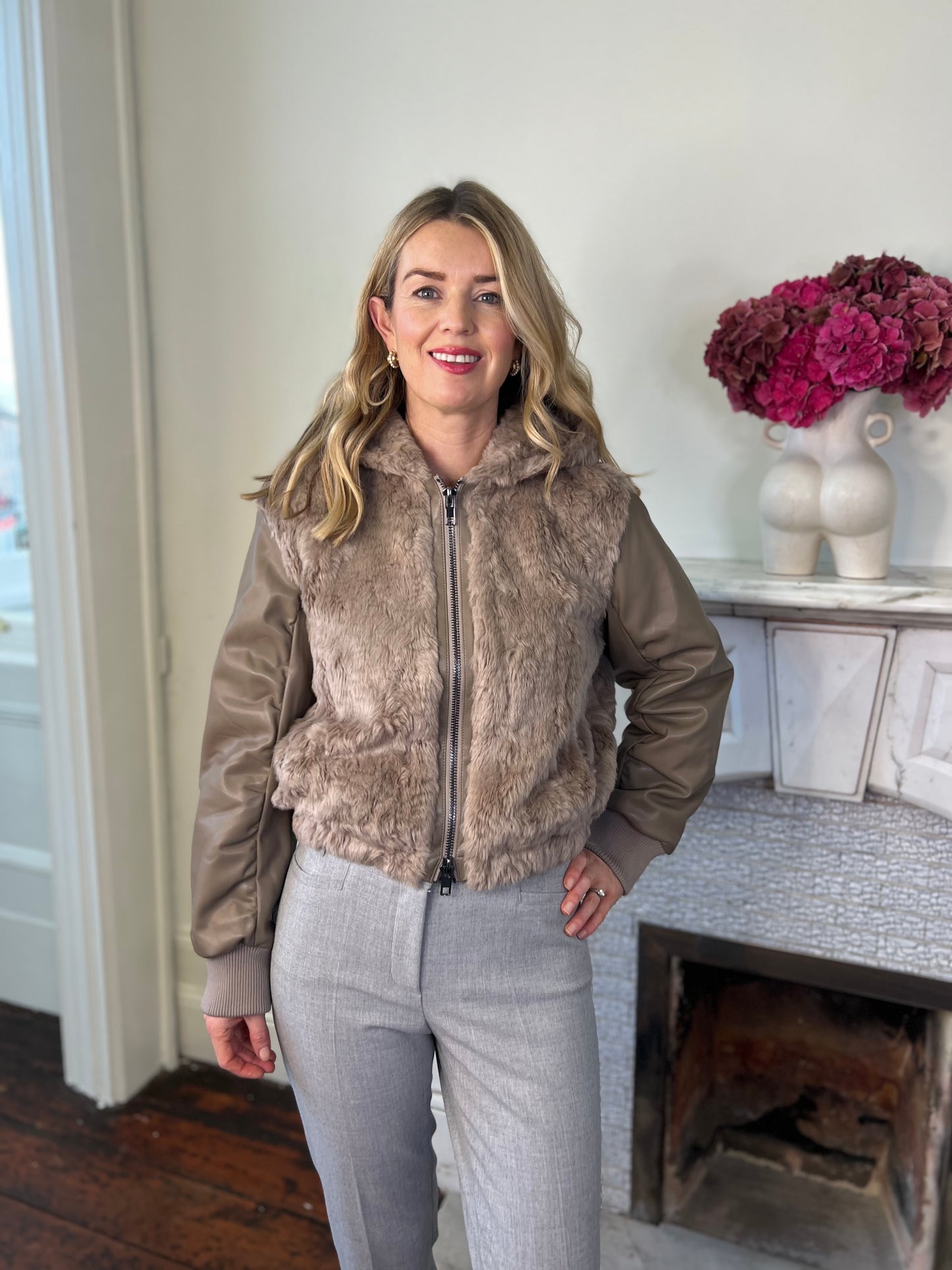 Kaos Taupe Faux Fur and Faux Leather Jacket with Hood