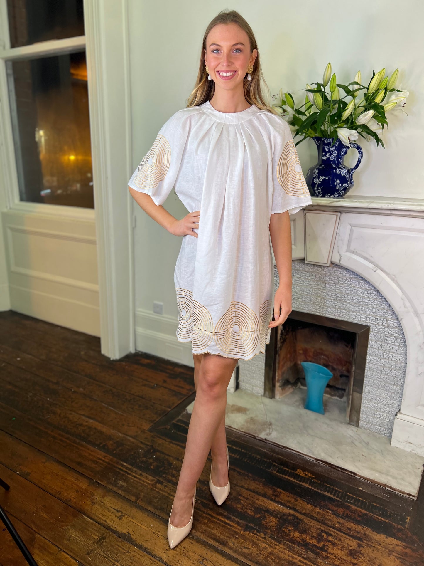 White and Gold Embroidered Linen Tunic Dress with Belt