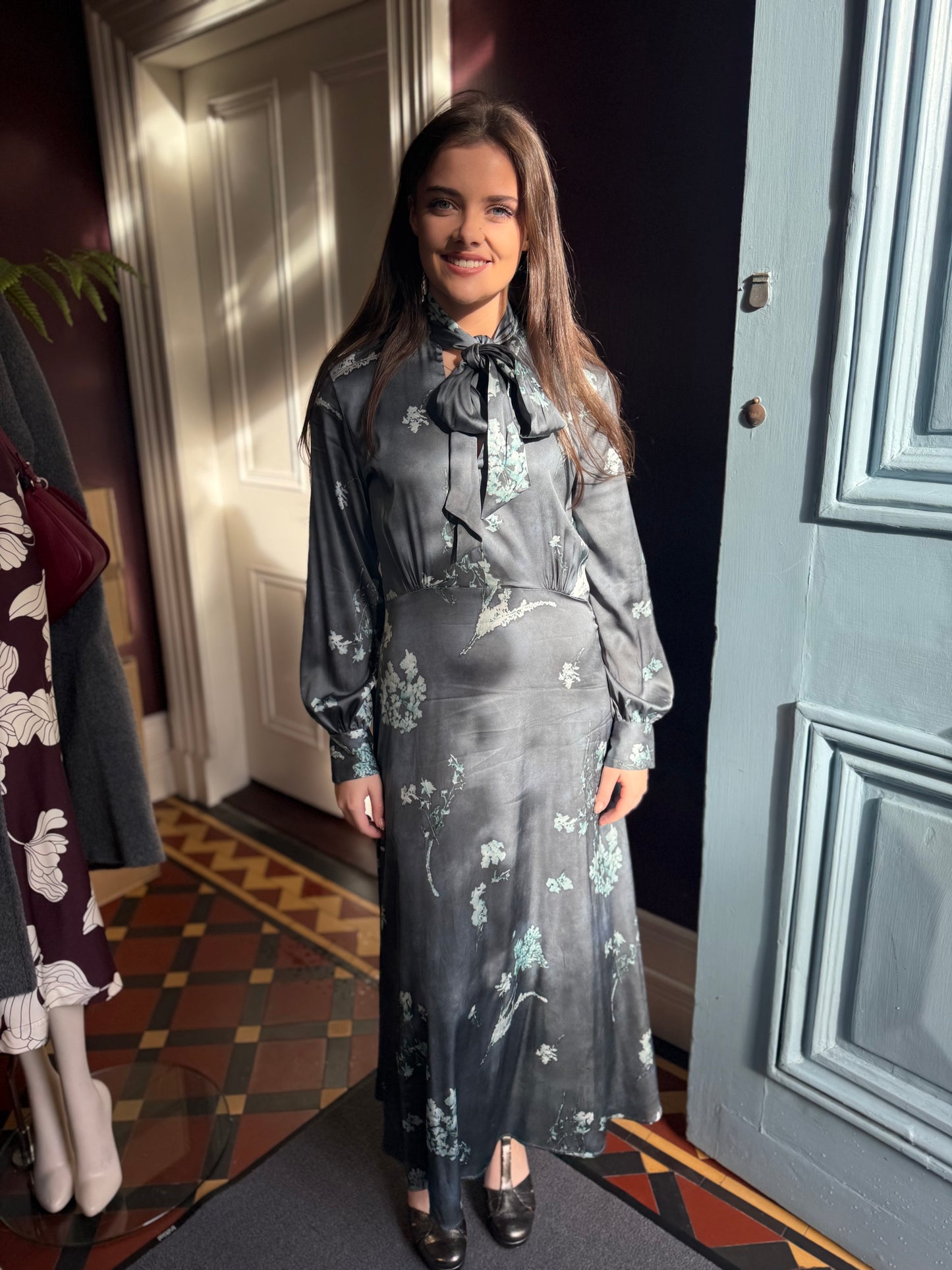 Caliban  Silk Powder Blue Grey Printed Long Sleeve Dress with Tie Detail at the Neck