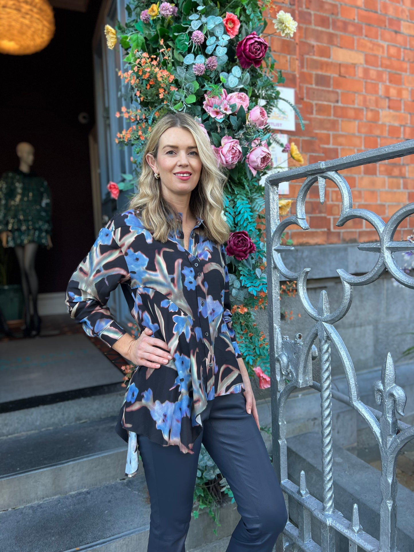 Gentle Asymmetrically Cut Shirt in Black and Blue Abstract Floral