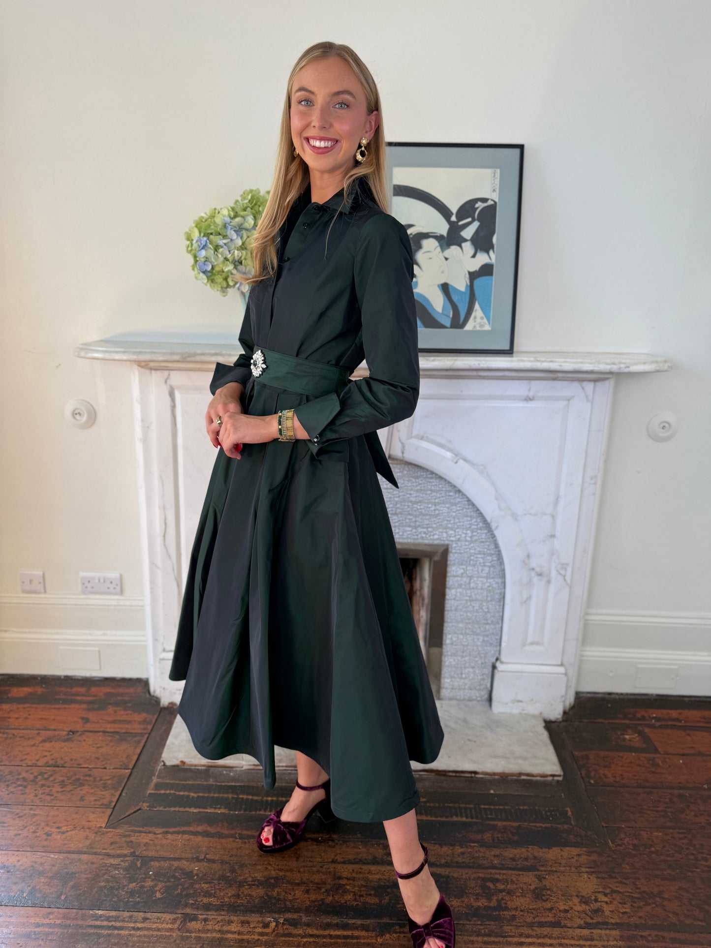 Sara Roka Iridescent  Midi Shirt Dress in Iridescent Green