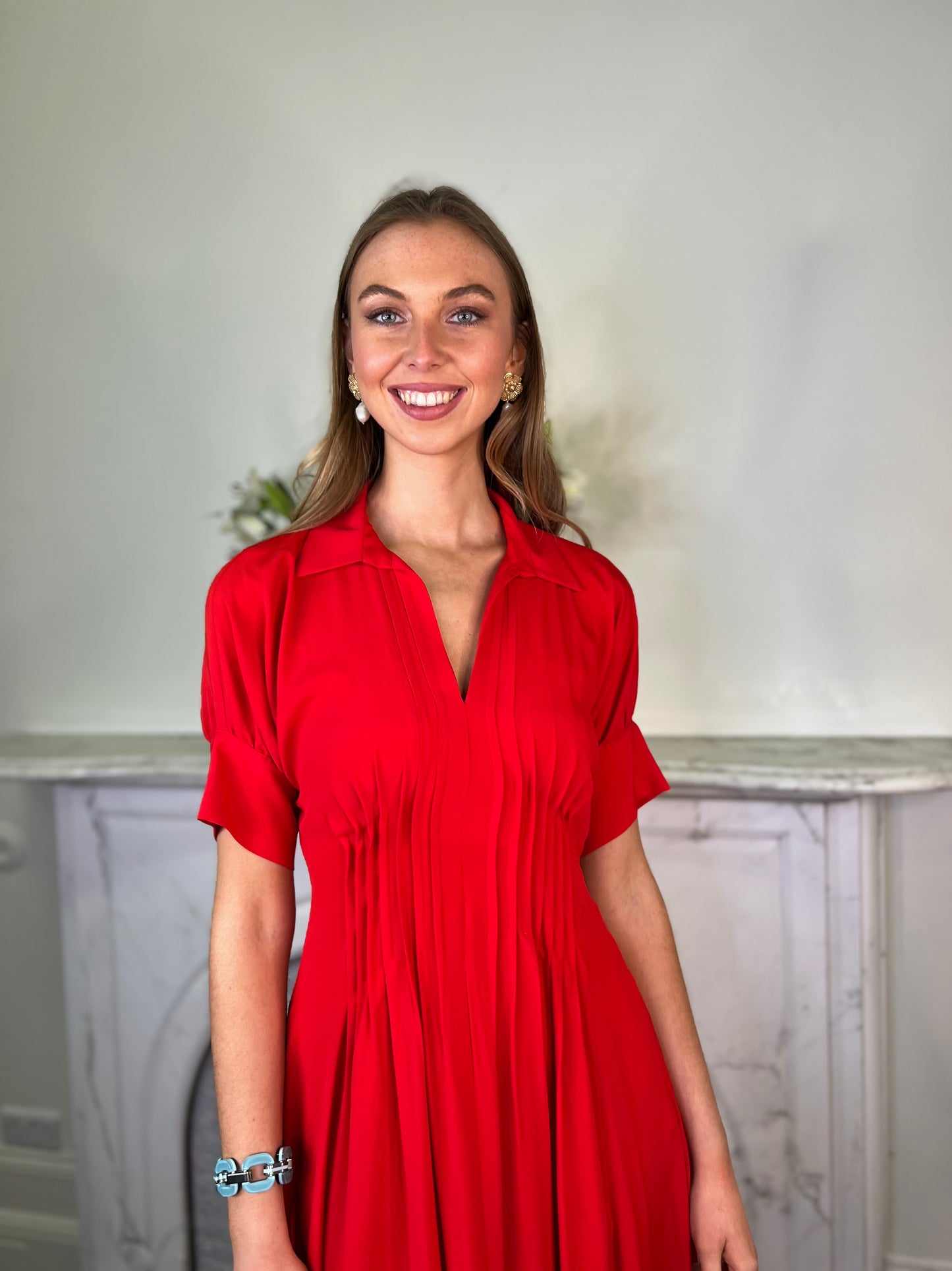 Ruby Red Dress with Tuck Pleated Waist Detail