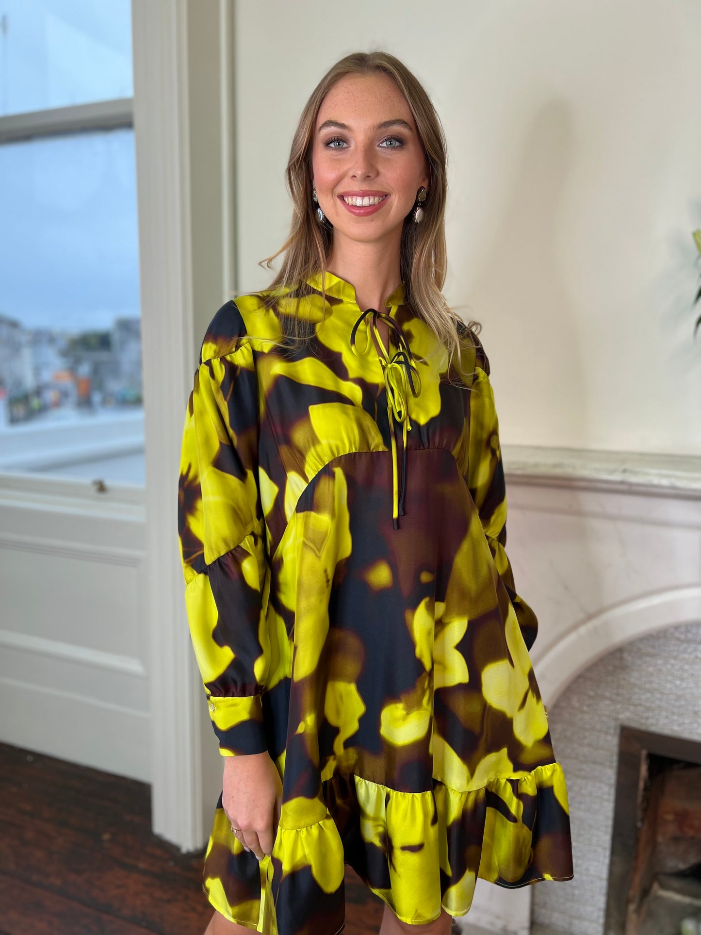 Lime,Black and Chocolate Silk Tunic Dress with Tie Detail