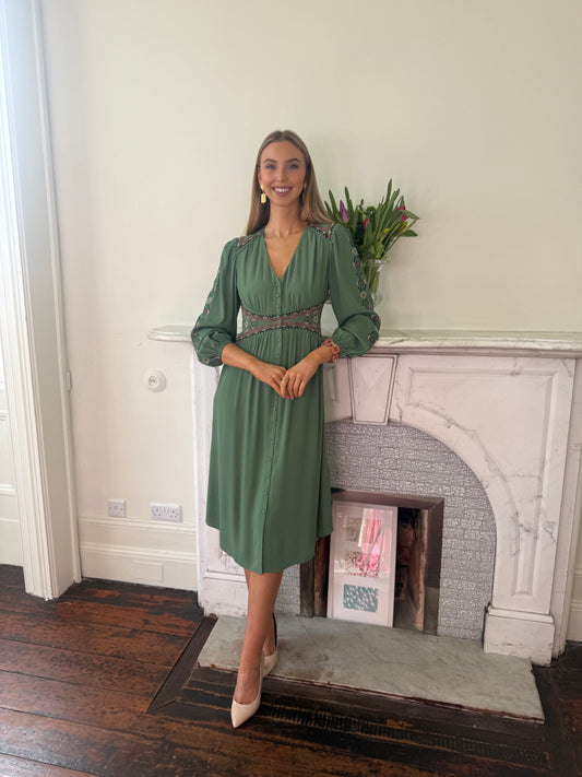 Ba&sh Tina Sage Green Dress with Embroidery Detail