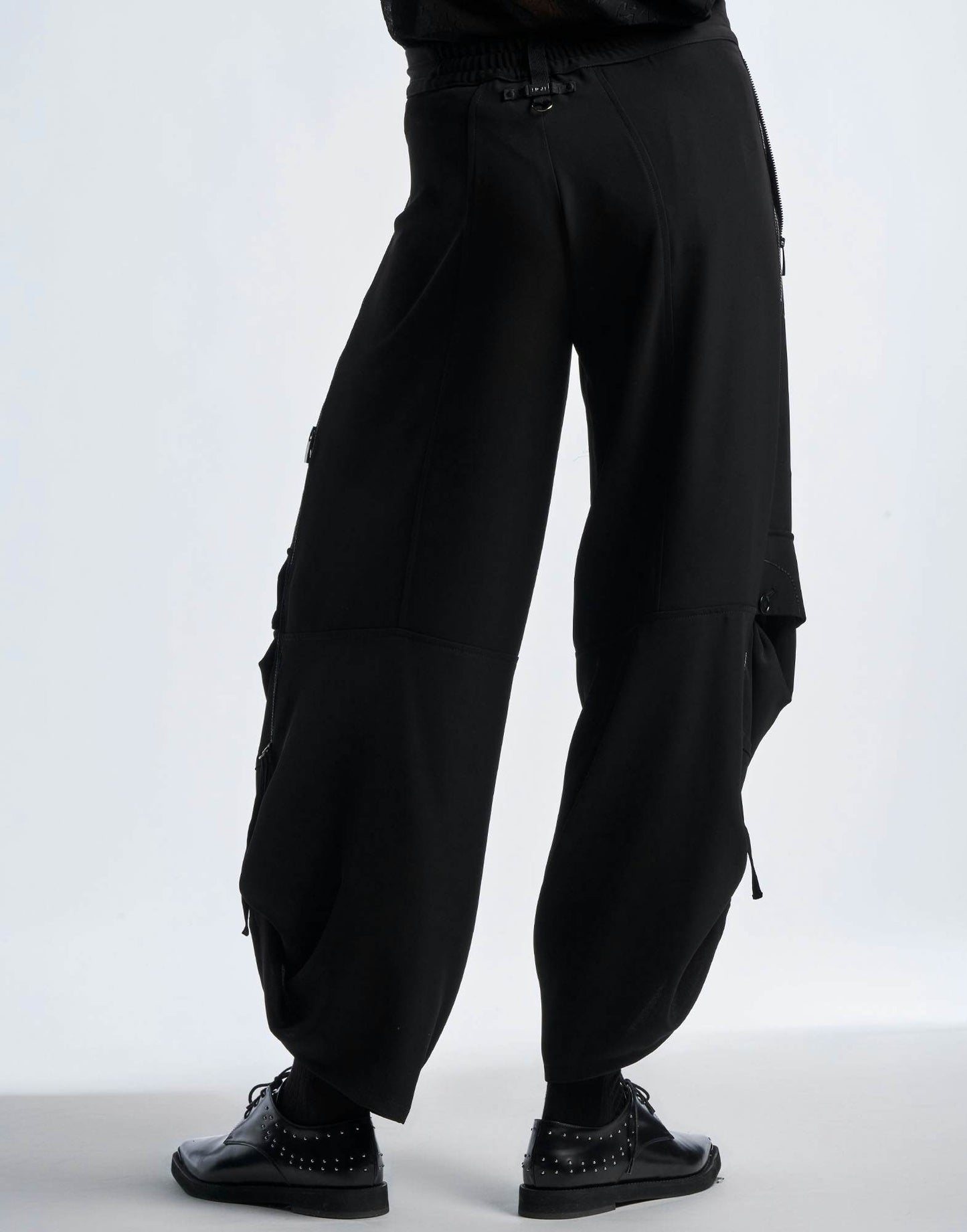 OUTGOING Parachute Pants in Black Tech Matte Satin