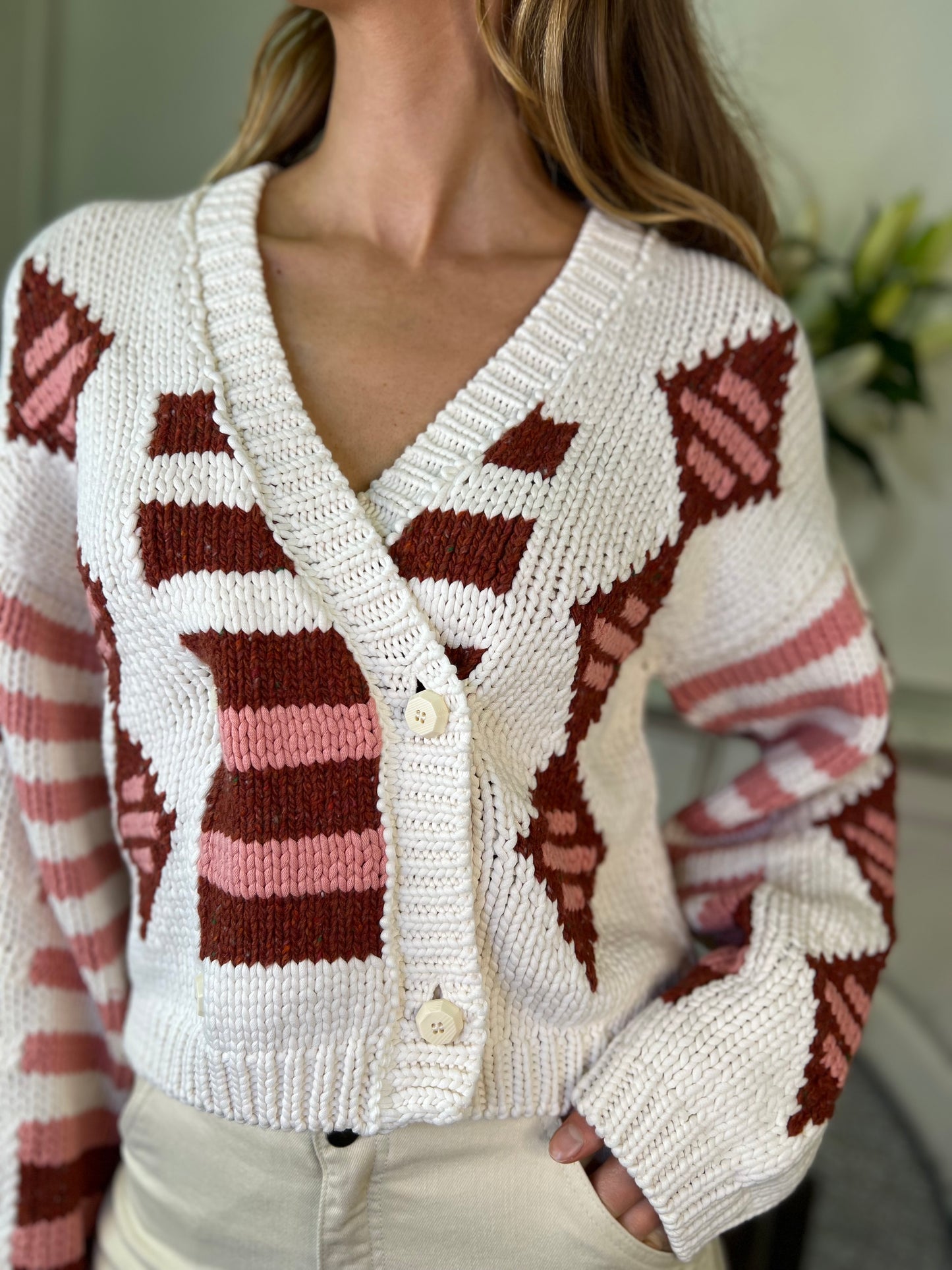 Cotton Intarsia Double Breasted Crop Cardigan