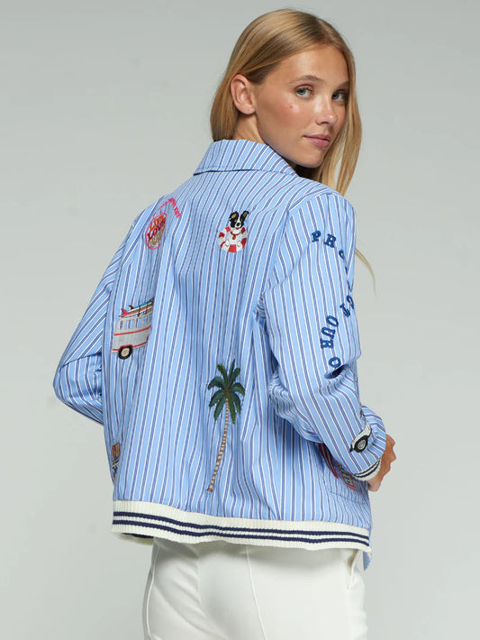 Vilagallo Blue Striped Bomber Jacket Surf Embroiders