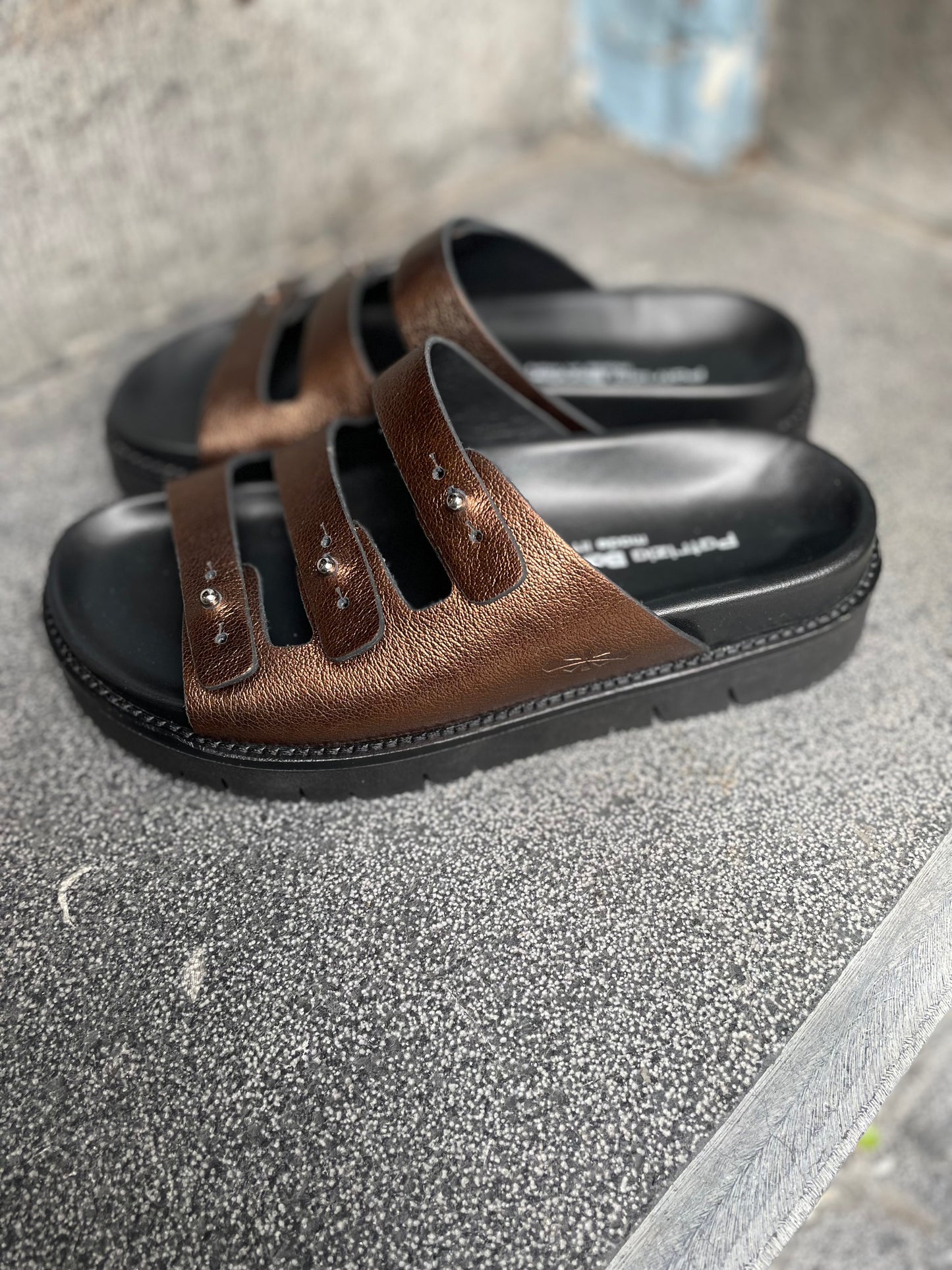 Patrizia Bonfanti Three Strap Sliders in Bronze Leather