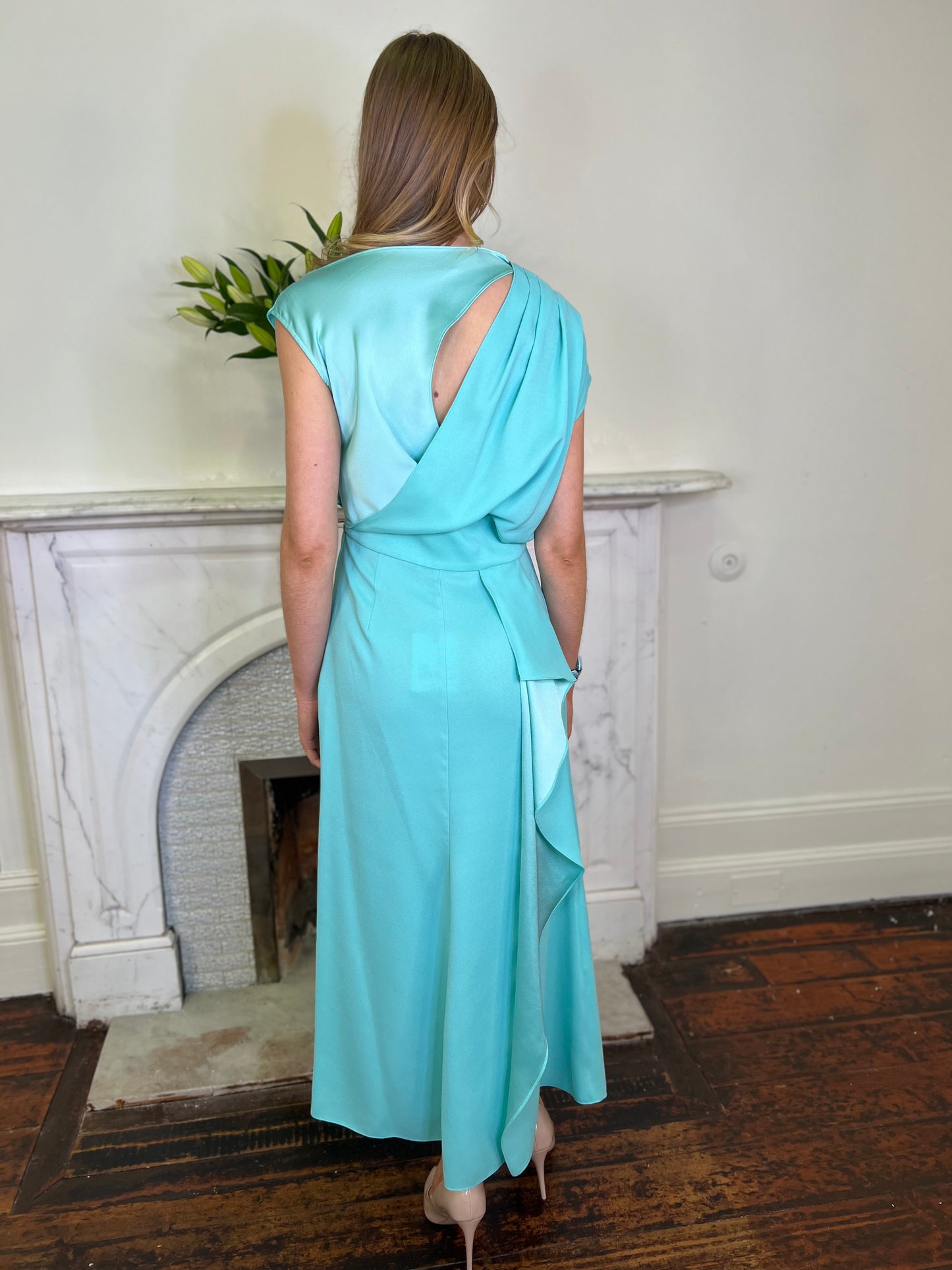Seagreen Midi Dress with Drape and Frill Detail