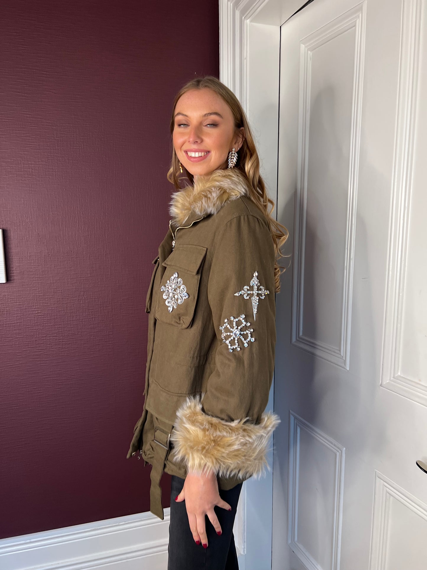 Army Green Coat with Diamonte Beaded Detail and Faux Fur Trim