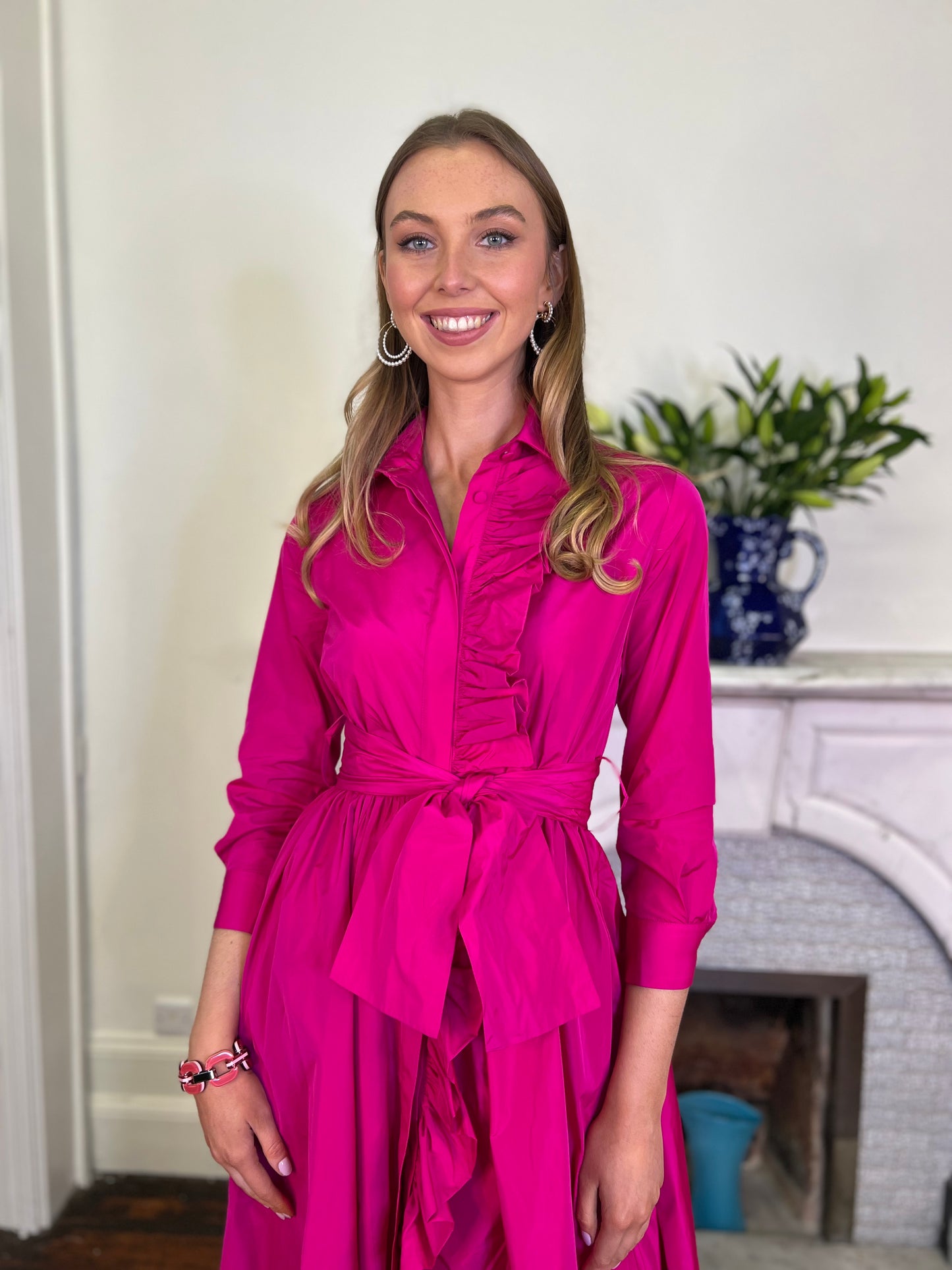 Angela Magenta Pink Taffeta Shirt Dress with Frill Detail