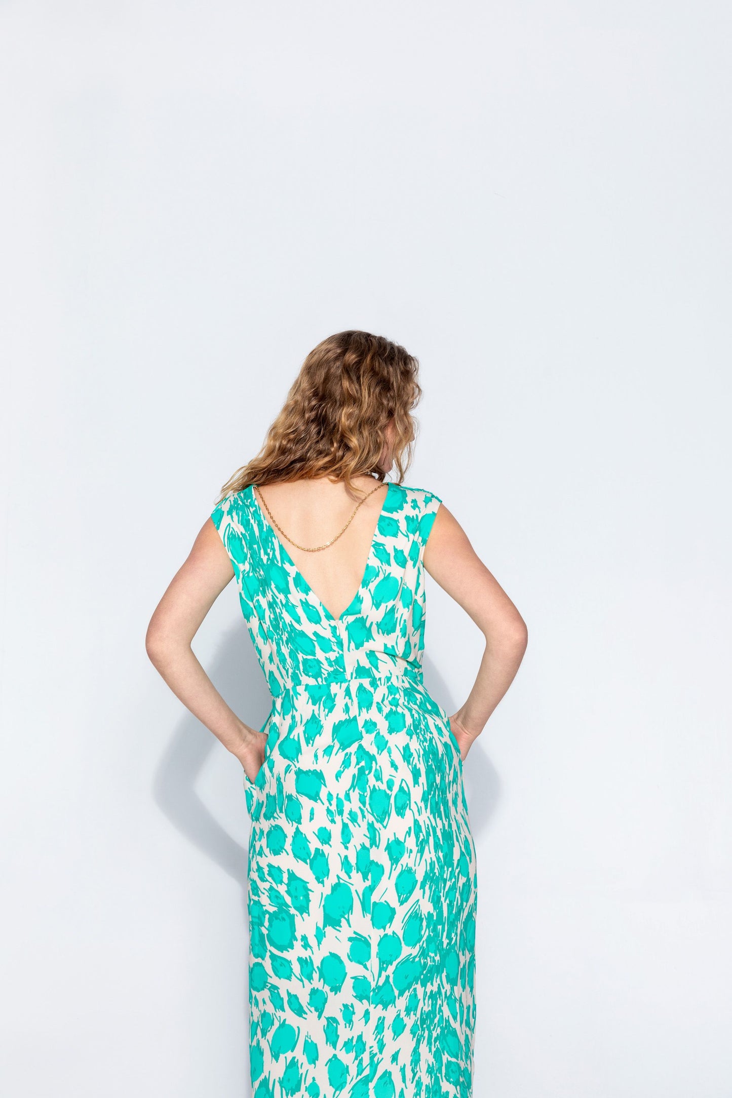 Sea Green and Cream Printed Sleeveless Dress with Slit Detail to the Front