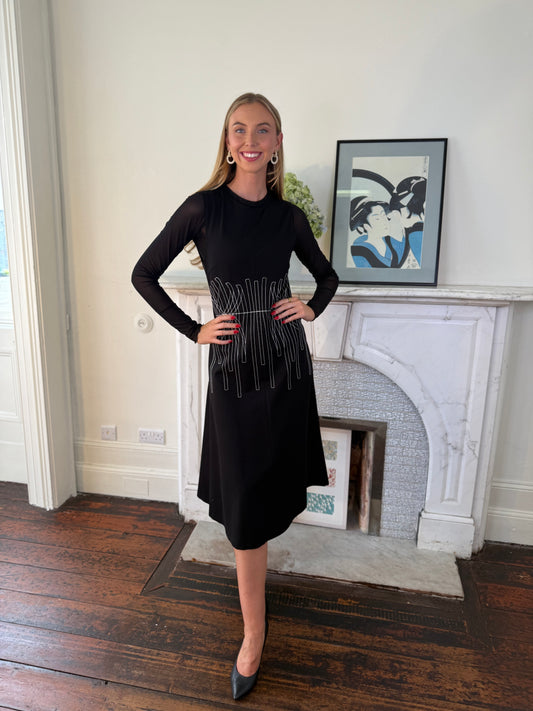 Beatrice B Black Sleeveless Fit and Flare Jersey Dress with White Stitching Detail