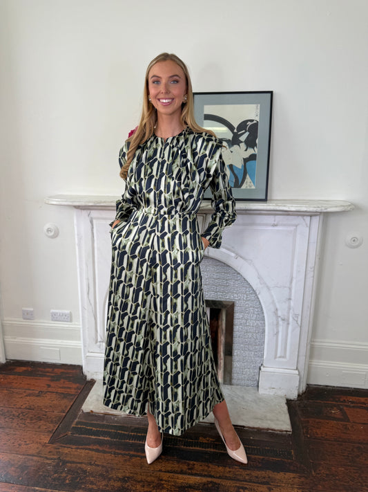 Kameya Full Length Kaki and Black Print Dress