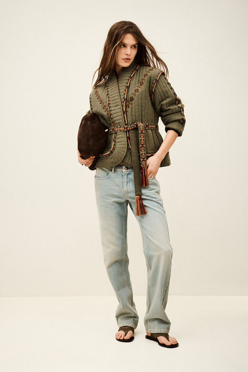 Ba&sh Khaki Green Quilted Jacket with Embroidered Detail and Belt