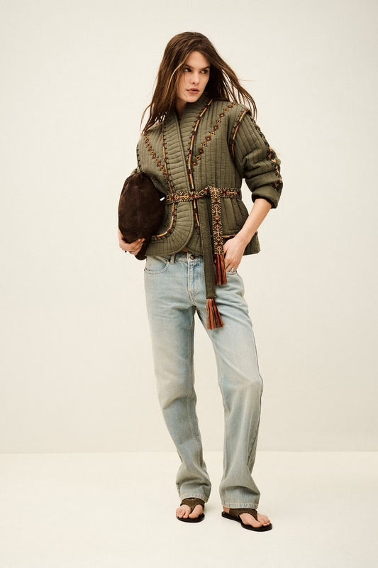 Ba&sh Khaki Green Quilted Jacket with Embroidered Detail and Belt