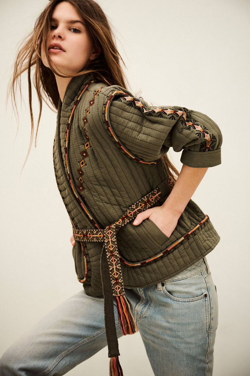 Ba&sh Khaki Green Quilted Jacket with Embroidered Detail and Belt
