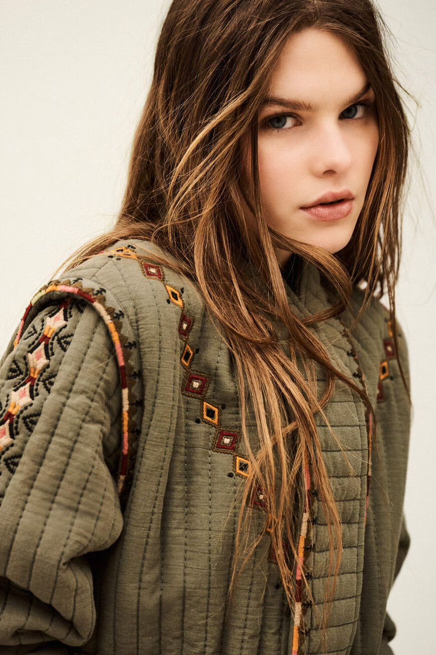 Ba&sh Khaki Green Quilted Jacket with Embroidered Detail and Belt