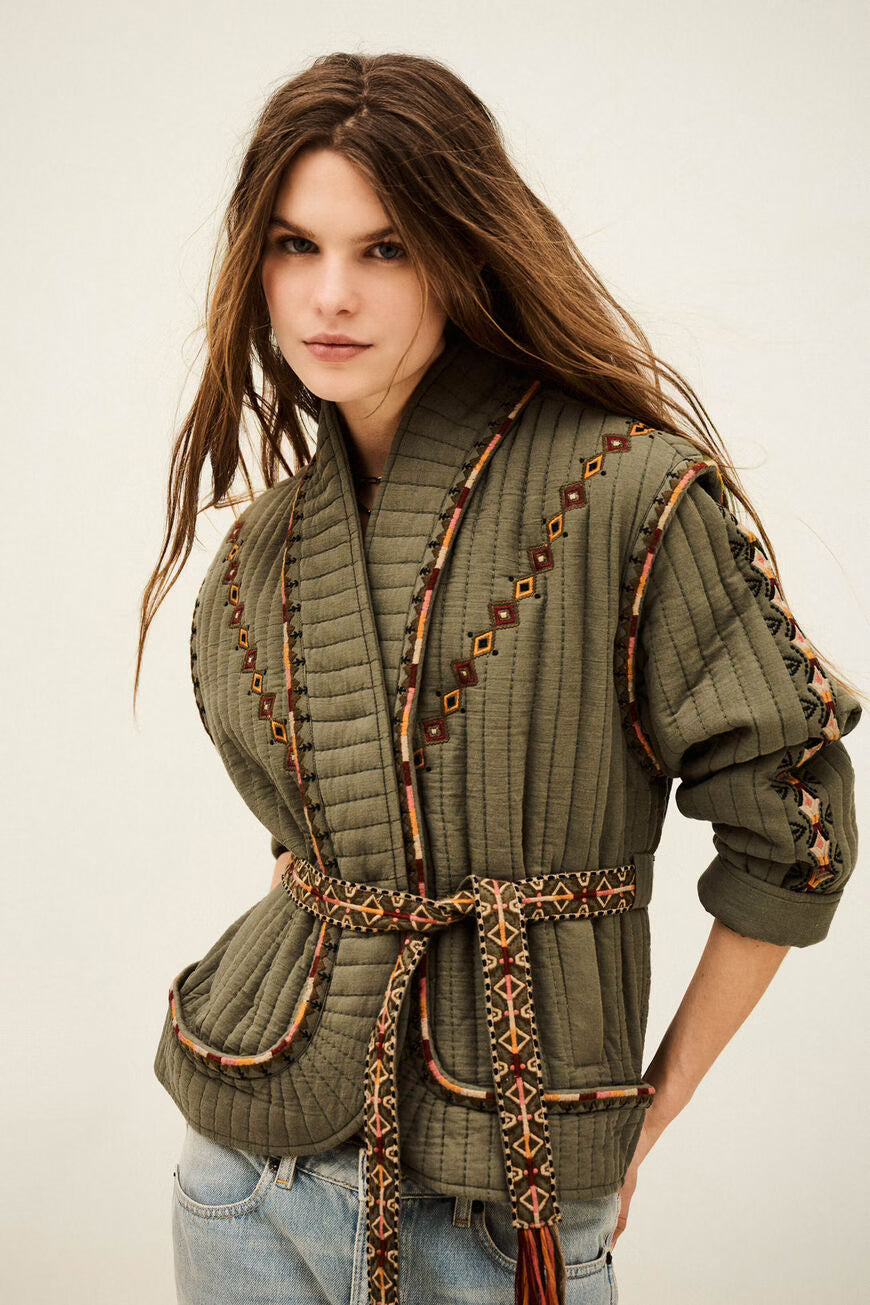 Ba&sh Khaki Green Quilted Jacket with Embroidered Detail and Belt