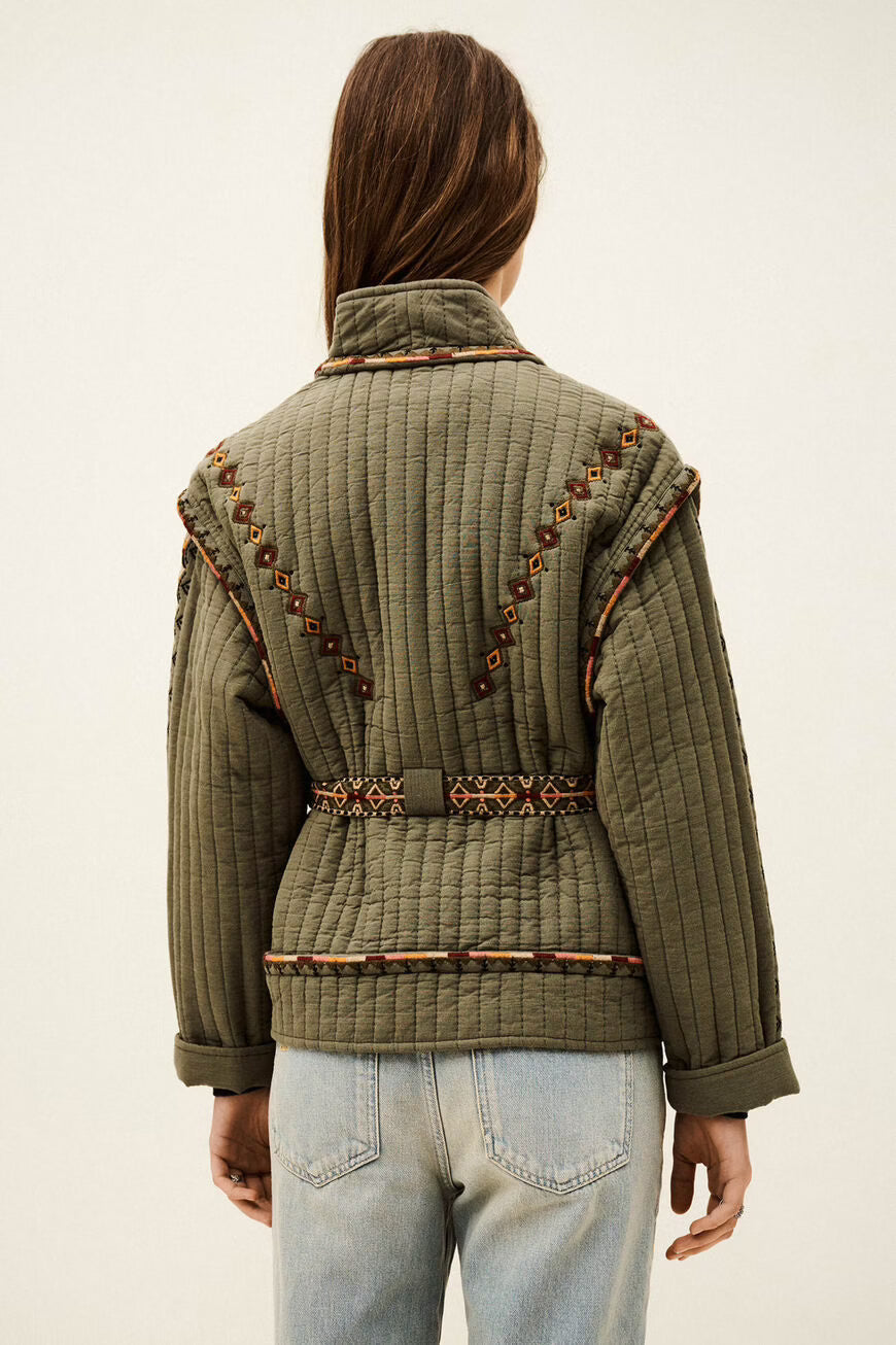 Ba&sh Khaki Green Quilted Jacket with Embroidered Detail and Belt
