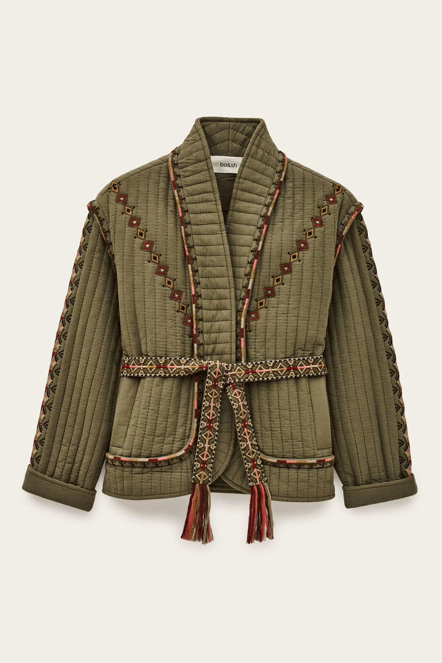 Ba&sh Khaki Green Quilted Jacket with Embroidered Detail and Belt