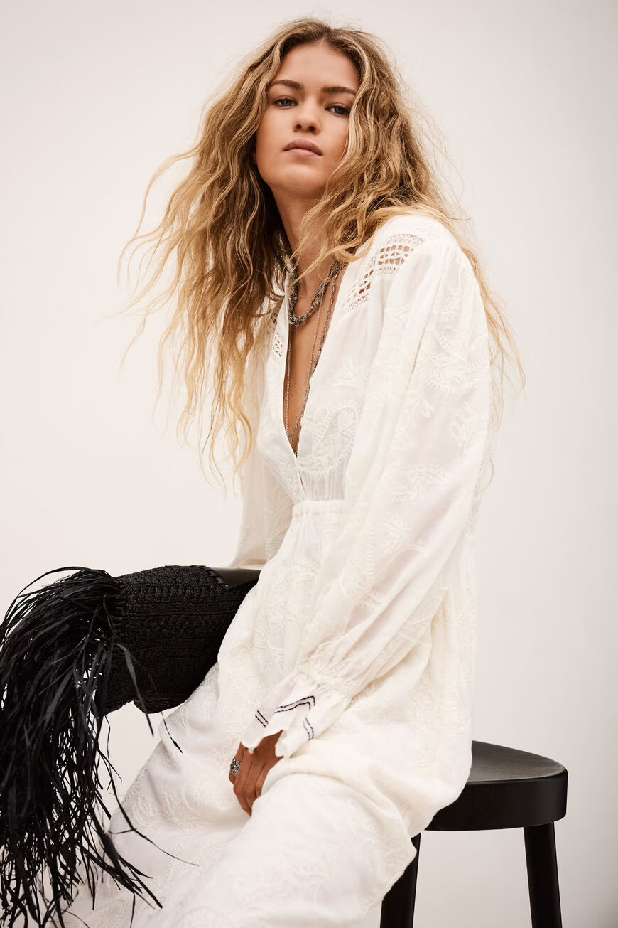 Ba&Sh Prisco Ecru Jacquard Midi Dress with Black Embroidery Trim