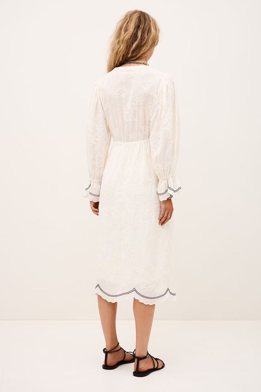 Ba&Sh Prisco Ecru Jacquard Midi Dress with Black Embroidery Trim