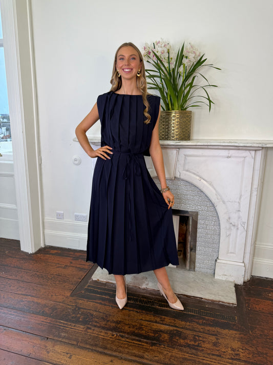 Beatrice B Pleated Long Dress With Waist Tie Navy