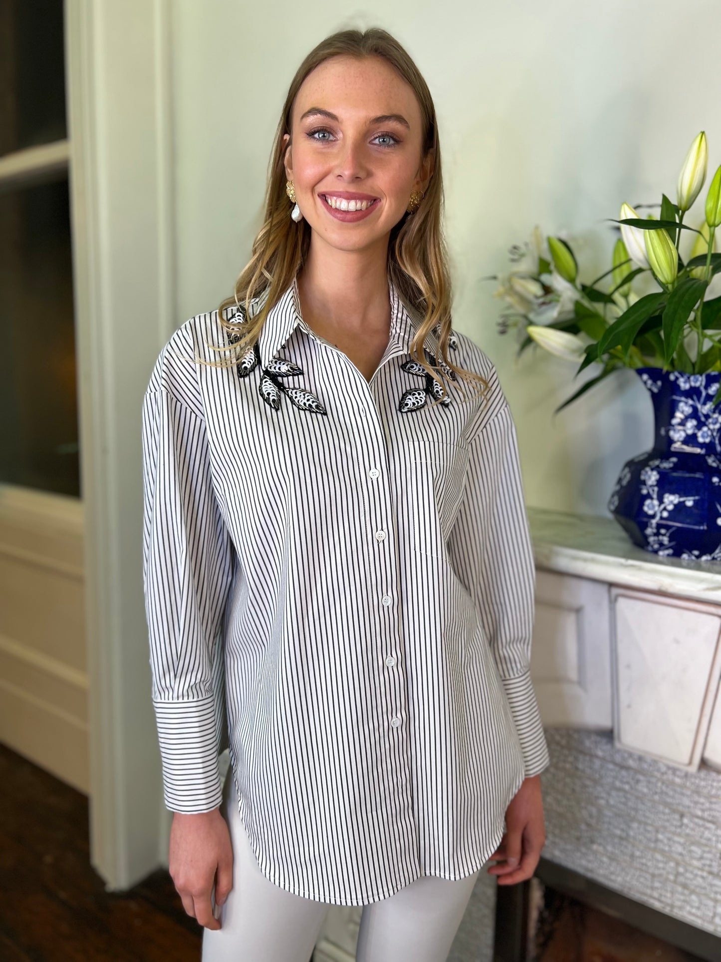 Black and White Pin stripe Relaxed Shirt with Beaded Detail