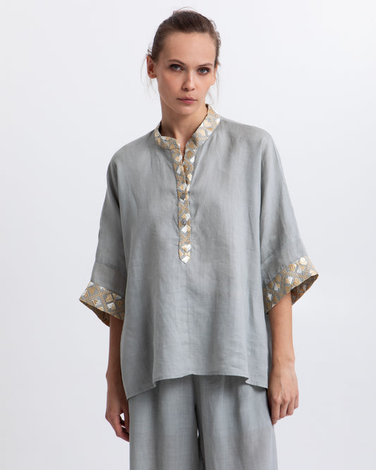 Greek Archaic Kori Grey Linen Blouse With Flakes