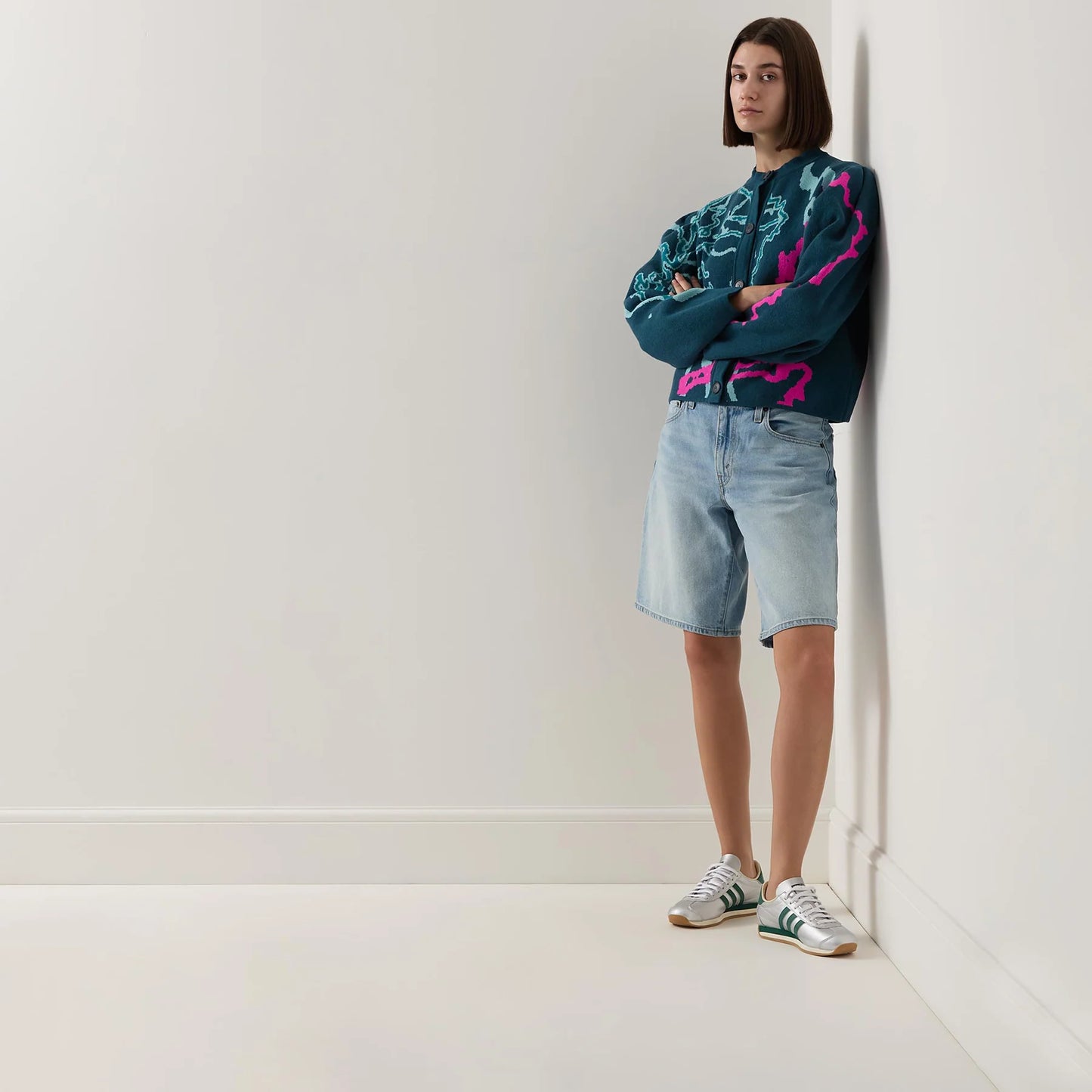 Urban Aran Graphic Barrel-Sleeve Cardigan Blue