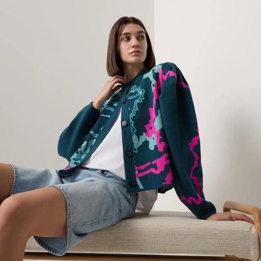 Urban Aran Graphic Barrel-Sleeve Cardigan Blue