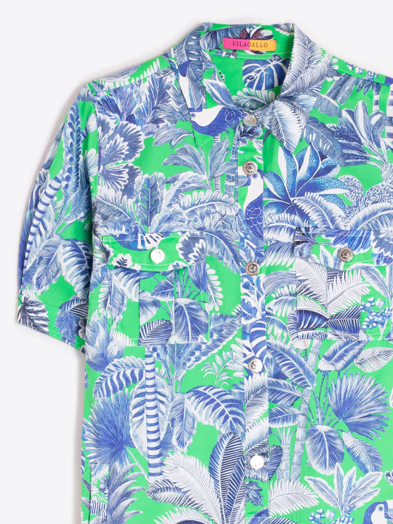 Vilagallo Short Shirt Dress With Green And Blue Tropical Print