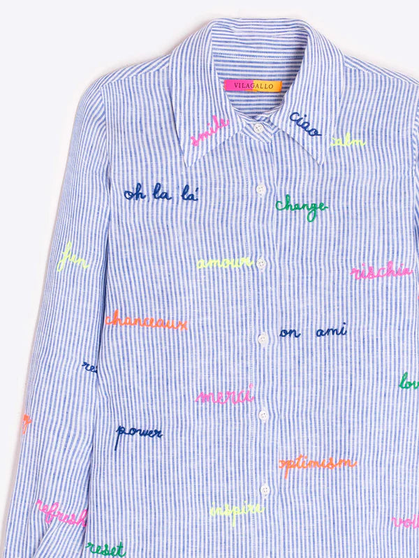 Vilagallo Blue Shirt With Stripes and Embroidered Words