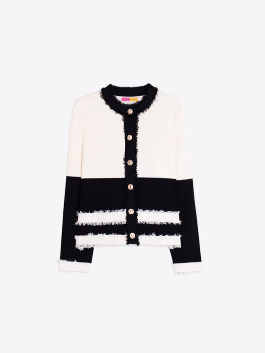 Vilagallo Two-tone Cardigan in Black and Ecru with Frayed Edges