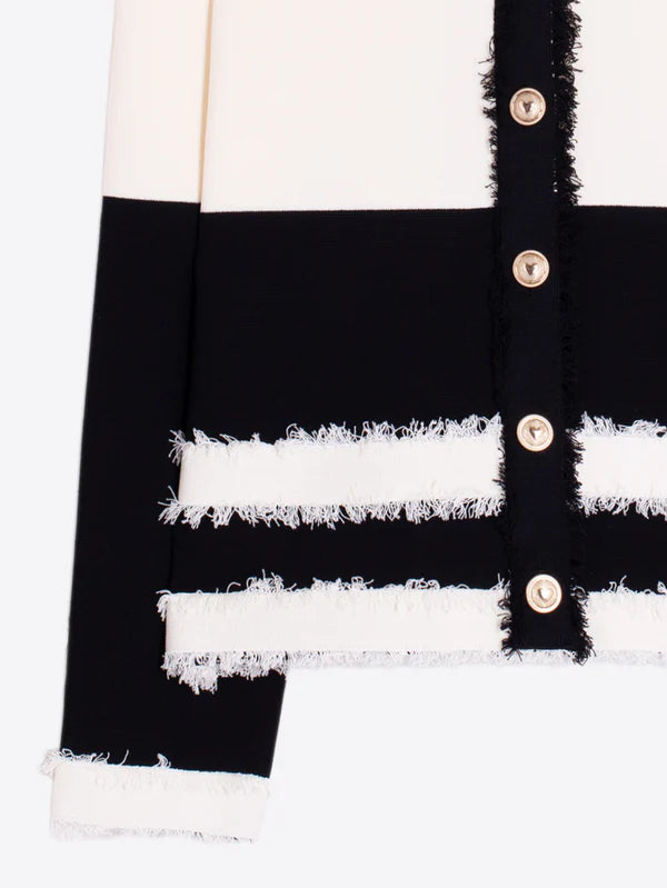 Vilagallo Two-tone Cardigan in Black and Ecru with Frayed Edges
