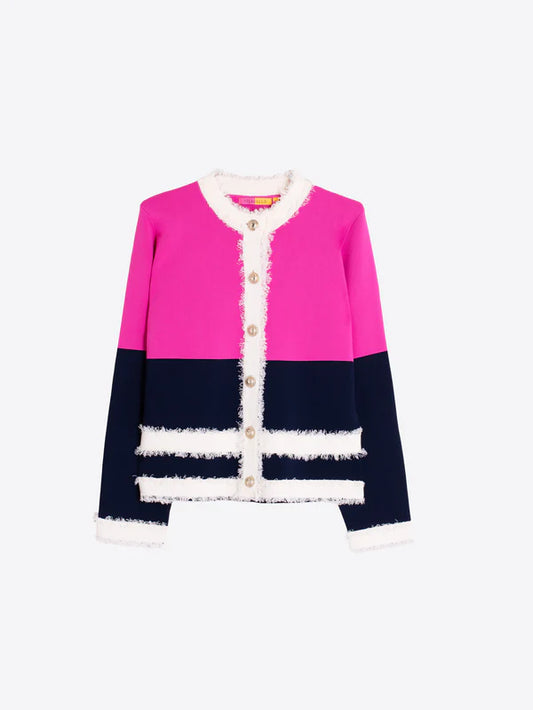 Vilagallo Fuchsia and Navy Cardigan with Frayed Trim