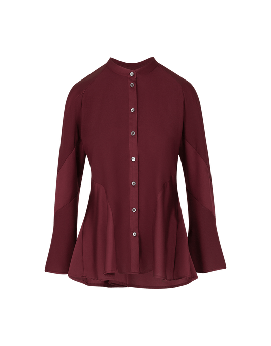 PATIENTLY  Burgundy Flared Blouse in Tech Satin