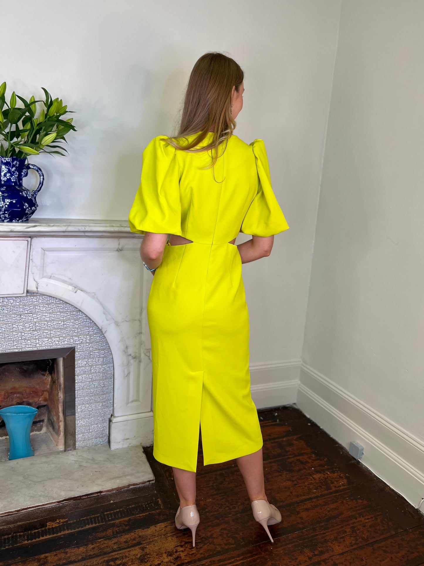 Citrus Fitted Dress with Cut out Detail and Enhanced Sleeves