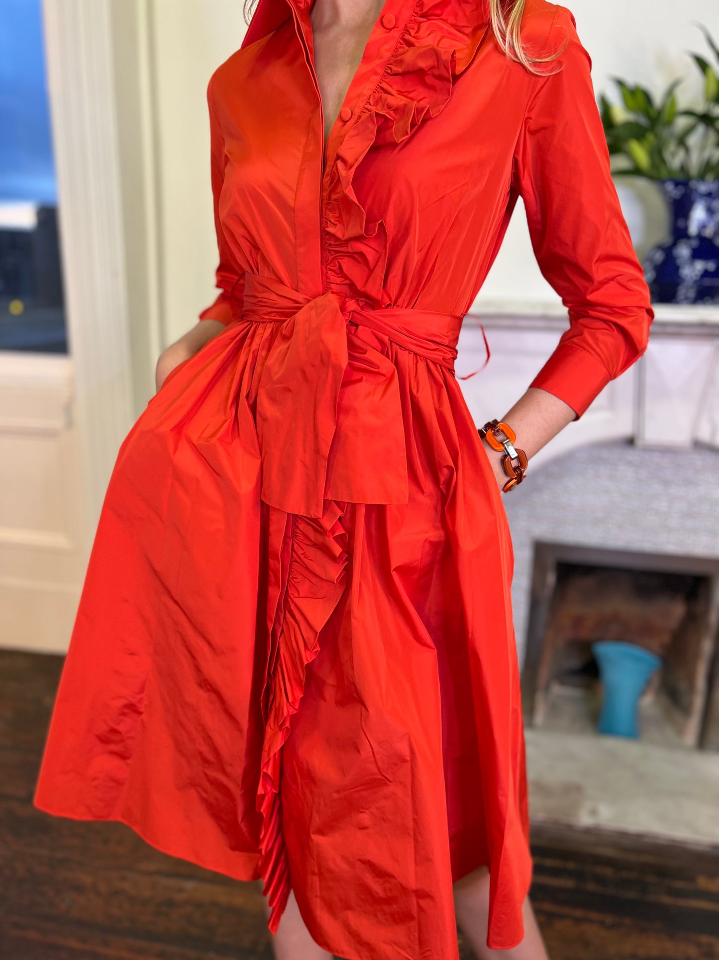 Angela Coral Orange Taffeta Shirt Dress with Frill Detail