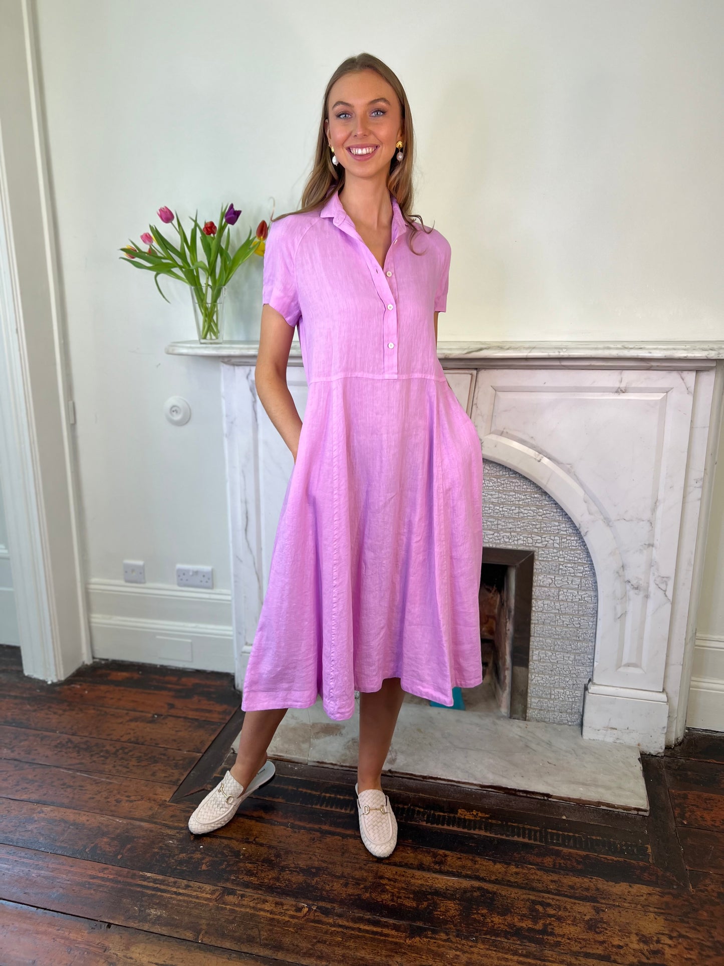 Linen Baby Pink Relaxed Fit Midi Length Dress