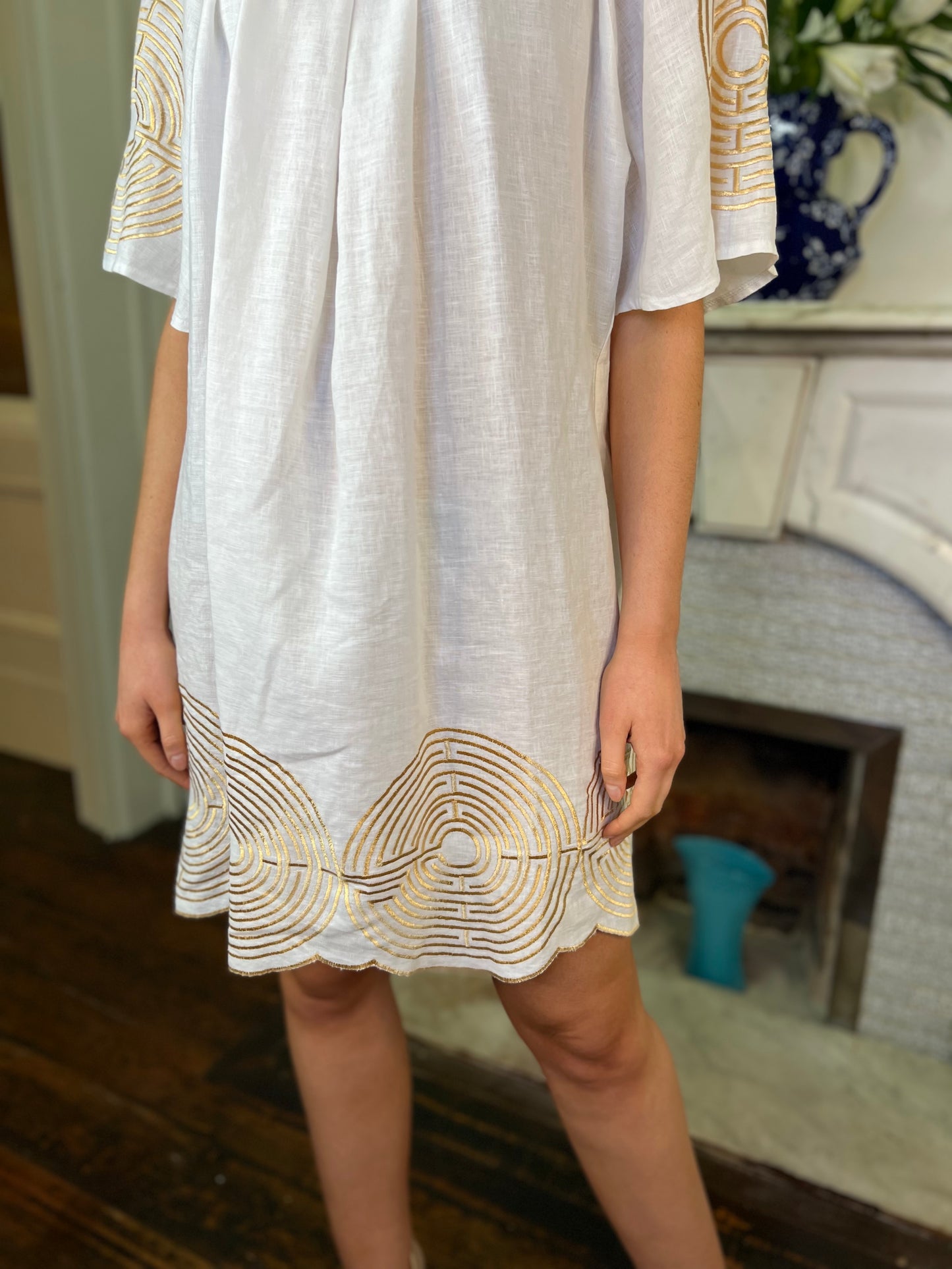 White and Gold Embroidered Linen Tunic Dress with Belt