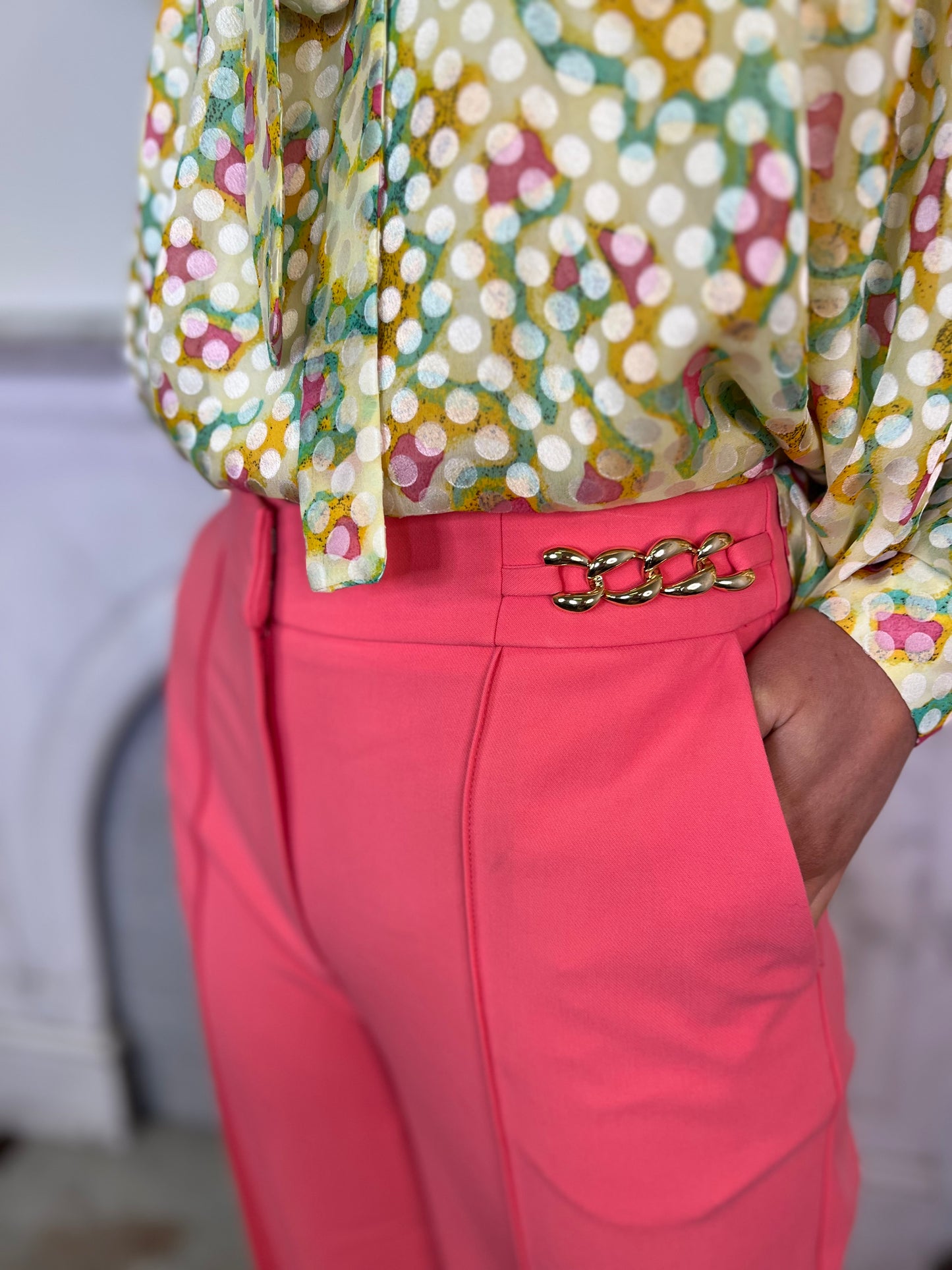 Coral Pink Straight Leg Trousers with Chain Detail